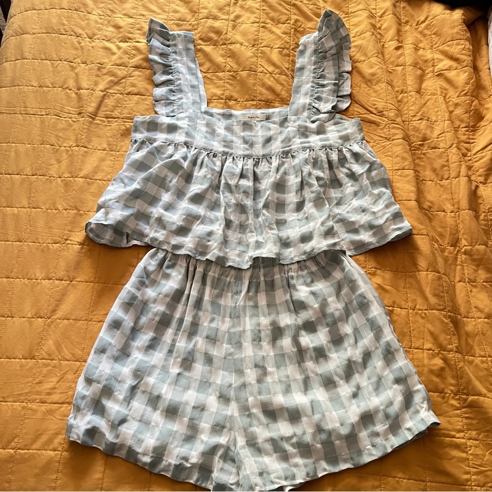 Light Mint and White Gingham Ruffle Tank & Shorts Set - Women's